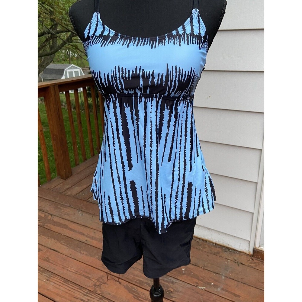 Unbranded Womens Two Piece Tankini Blue Black Drip Print Swimsuit Size M NWOT